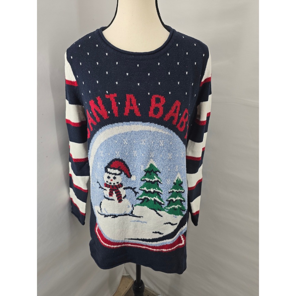 Ugly Christmas Sweater Womens Medium Santa Baby Snowman Snow Globe Navy Tunic